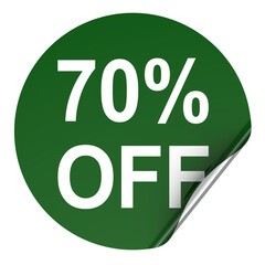 70 percent off sticker, green round label with curled edge. 3D rendering