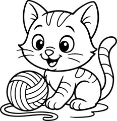 Cute Kitten with Yarn Ball – Coloring Page for Kids