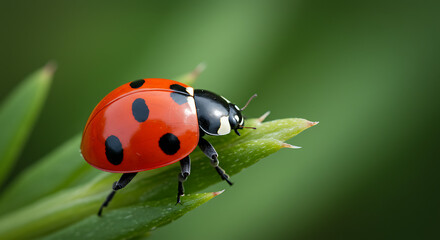Naklejka premium Detailed macro shot of a vibrant red ladybug crawling on a fresh green leaf