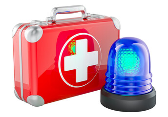 Emergency first aid kit with blue siren. 3D rendering