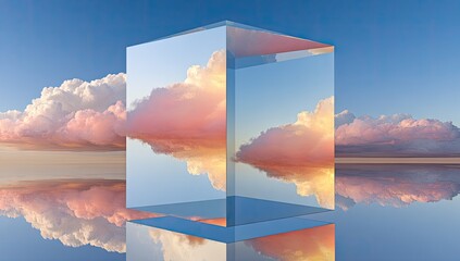 A large clear glass cube reflects a serene sky of pink and orange clouds over a calm water surface