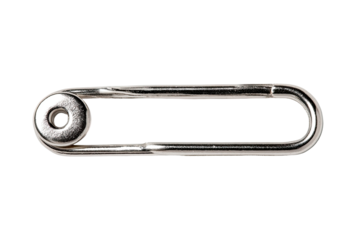 Oval-shaped, metallic hardware.  A smooth, polished,  metal link or clasp with a circular stud