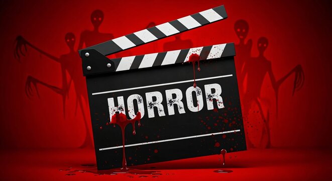 Horror Movie Clapperboard with Bloody Effects and Ghostly Figures