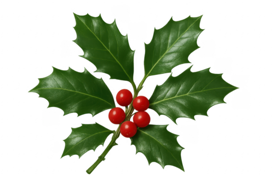 Sprig of Holly with Red Berries on Transparent Background