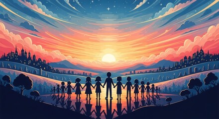 Fototapeta premium Children holding hands under a vibrant sunset sky with a city skyline view