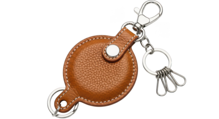 Brown leather round keychain holder isolated on transparent background