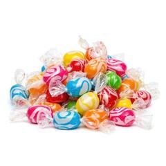Pile of colorful wrapped hard candies isolated on white. Assorted sweets in clear plastic wrappers, featuring vibrant patterns, bright colors. Perfect for party favors, celebrations, as festive treat.