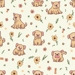 Fabric pattern background, dog, brown dog, flowers, brown flowers Generative AI 