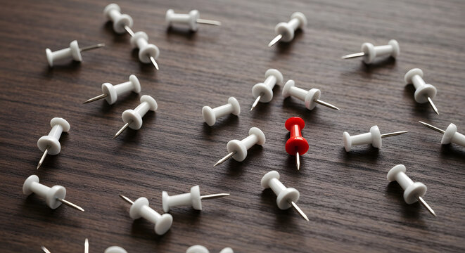 One Red Push Pin &ndash; Individuality in Chaos on Dark Wooden Surface
