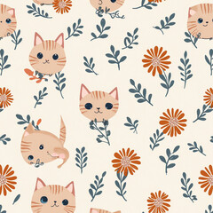 Fabric pattern background, white cat, orange tabby cat, flowers, pink flowers, orange cat, floral cat Generative AI