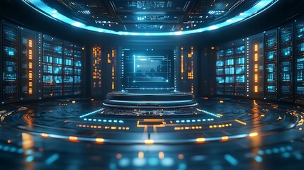 Futuristic neon lit server room with glowing blue and orange lights and reflective surfaces