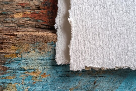 White paper sheet with torn edges on distressed wooden surface - Powered by Adobe