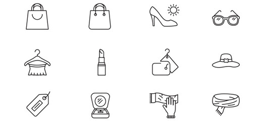 Fototapeta na wymiar Fashion icons outline illustrations shopping clothes beauty accessories collection in white