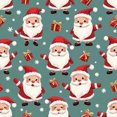 Fabric pattern, Christmas background, Santa Claus, pine tree, snowman, snow, gift box Generative AI 