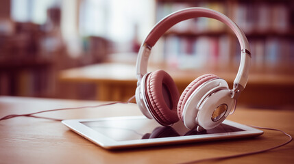 E-learning on tablet with headphones