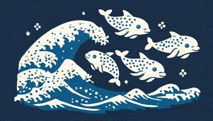 Fototapeta premium Cute dolphins leaping over a stylized wave