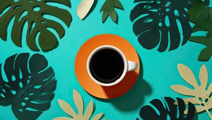 Overhead view of a coffee cup on a teal background, surrounded by tropical leaf cutouts