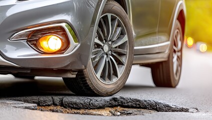Gray SUV over a large pothole on a road