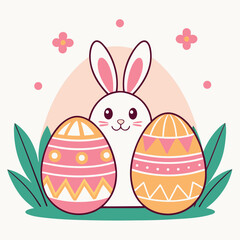 Fototapeta premium A cute cartoon easter bunny with colorful decorated eggs and flowers