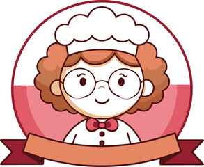 Obraz premium Friendly cartoon chef woman with glasses and red bow tie in oval frame with ribbon