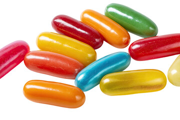 Colorful jelly beans in various shades of red, orange, yellow, green, and blue, arranged in a slightly overlapping pile on a dark background.  Close-up view of the candies