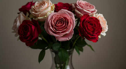 Close-up of colorful bouquet with red, pink, and cream roses arranged in a clear glass vase