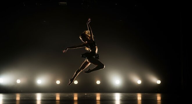 Dynamic silhouette: dancer performing a leap illuminated by stage spotlights