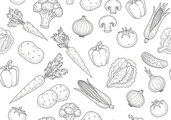 Obraz premium A charming seamless pattern of various hand-drawn vegetables in a detailed sketch style, isolated on a clean white background for design.