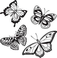 Stylish Black and White Butterfly Silhouettes – Elegant Insect Vector Icons for Decoration and Design
