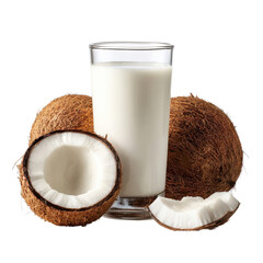 Coconut milk and coconuts on transparent background
