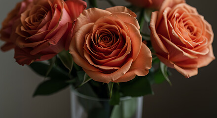 Close-up of vibrant orange roses arranged in a clear glass vase