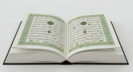 Obraz premium Open religious book with ornate pages and text against white background