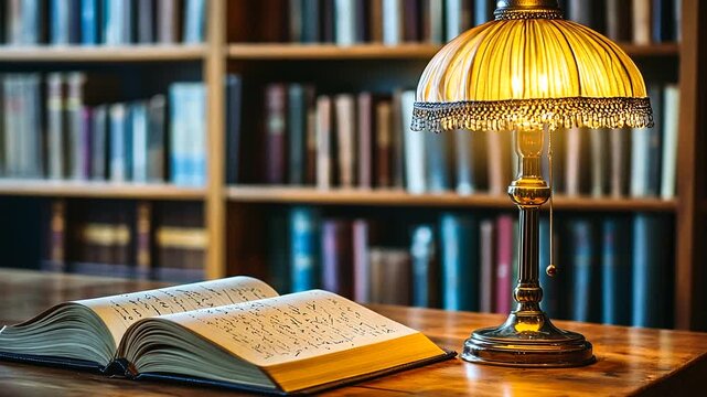 A cozy library scene featuring an open book on a wooden table beside a vintage lamp, with shelves of books in the background