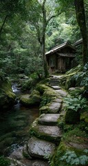 Lush forest path leading to a wooden cabin beside a stream