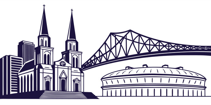 New Orleans Skyline Vector: Superdome, Crescent City Connection Bridge & French Quarter