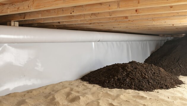 Brightly lit crawl space installation shows neatly installed vapor barrier next to soil. Wood beams overhead support construction. Illustration good for home improvement, basement waterproofing,