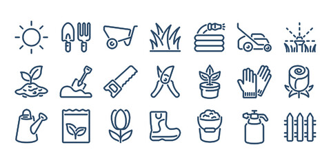 Gardening and flower editable stroke outline icons set isolated on white background flat vector illustration.	
