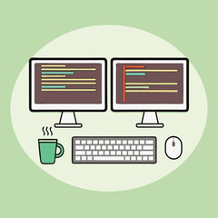 Vector illustration of a desktop computer with a monitor, keyboard, and mouse on a desk, representing digital technology and office communication