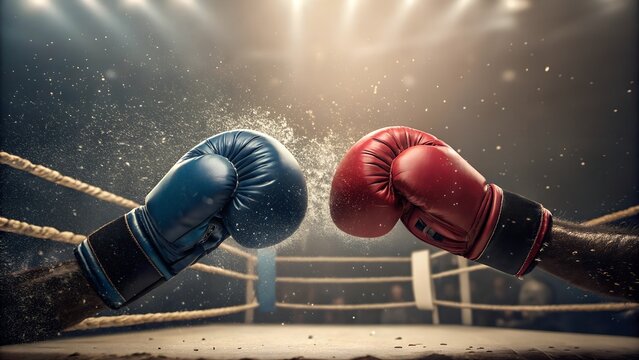 Two boxing gloves clashing in the center, with ample copyspace for adding text. Ideal for a fight night poster, showcasing the intense moment before a boxing match between opponents.