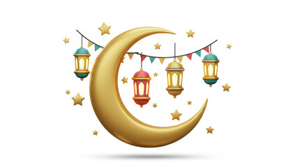 Golden crescent moon with lanterns and stars for celebration design