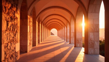 Obraz premium Walking Through Archway at Sunset with Light and Shadow