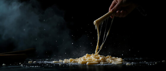 A hand pulls freshly made pasta, allowing it to stretch and reveal its texture over a dark surface, surrounded by scattered flour. Banner with free space