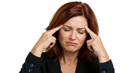Stressed woman experiencing a headache or mental fatigue, holding her temples