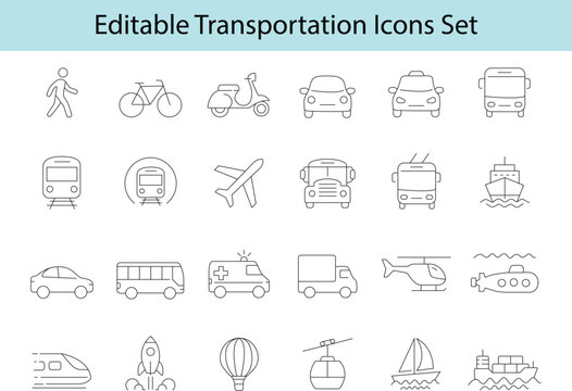 Collection of editable line art transportation icons representing various modes of travel and vehicles