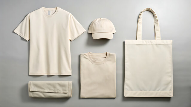 A flat lay of blank natural fabric merchandise including a t shirt tote bag cap and clutch for branding and design