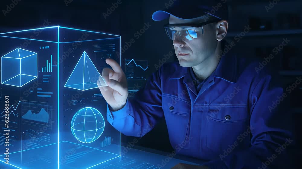 Poster technician interacts with holographic technology while analyzing geometric shapes in a modern worksp