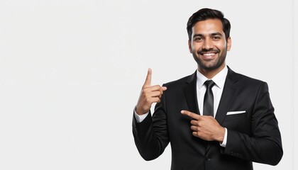 Smiling Indian businessman in black suit points fingers to side against white background, offering copy-space. Confident man shares success, presents idea, promotes product. Positive expression,