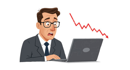 Vector of a businessman looking confused at falling stock prices &ndash; plain white background
