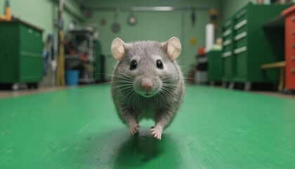 Cute gray rat running forward on bright green surface. Detailed illustration featuring whiskers, nose, eyes. Realistic furry mammal depicted with soft vignette effect in background, suitable for