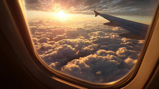Breathtaking aerial view from airplane window at sunrise over fluffy clouds on travel vacation